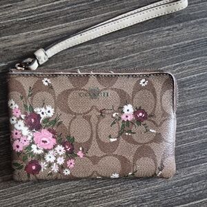 Coach Signature Floral Wristlet in Brown and Pink